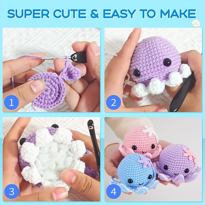 Crochet Kit for Beginners, Make 3 Amigurumi Crochet Animals with Step-by-Step Video Tutorials, Complete Starter Kit for Adults, Kids and Teens, Perfect DIY Craft Gift to Learn Crocheting-CubbioJoy