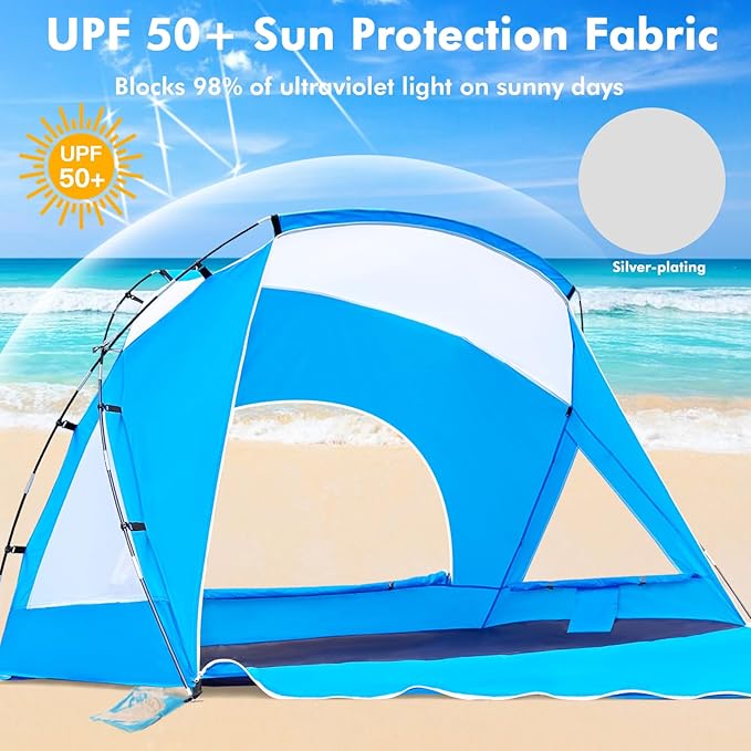 Beach Tent, Portable Sun Shelter for 2/3/4/6-8 Person with UPF 50+ UV Protection, Easy Setup Waterproof Beach Shade Canopy Cabana for Family Outdoor and Picnics, Fishing with Carrying Bag-CubbioJoy