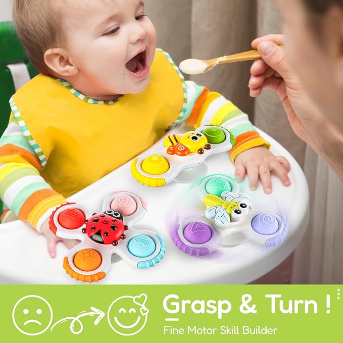 ALASOU 3PCS Pop Suction Cup Spinner Toys for 1 Year Old Boy Girl|Novelty Spinning Tops Toddler Toys Age 1-2|Sensory Baby Bath Toy for Toddlers 1-3|12 18 Months Boy Birthday Gift for Infant-CubbioJoy