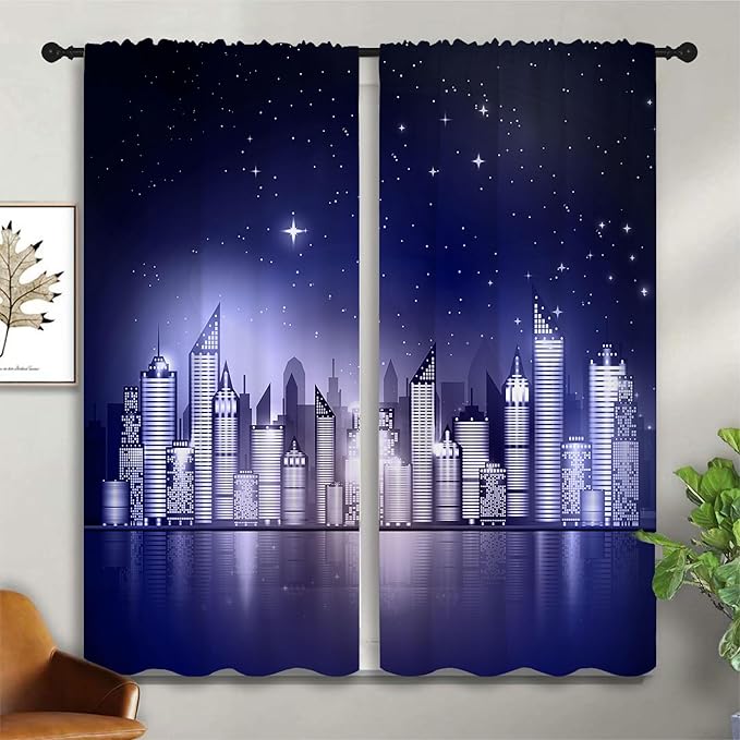 City Rod Pocket Blackout Curtains for Boy Girl Bedroom, New York Skyline Modern City Starry Sky Night View Home Energy Efficient Light Filtering Window Curtain for Living Room, 42x63 inch-CubbioJoy