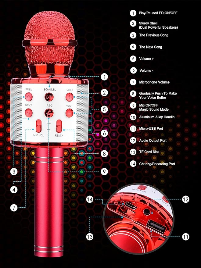 BlueFire 4 in 1 Karaoke Wireless Microphone with LED Lights, Portable Microphone for Kids, Great Gifts Toys for Kids, Girls, Boys and Adults (Red)-CubbioJoy