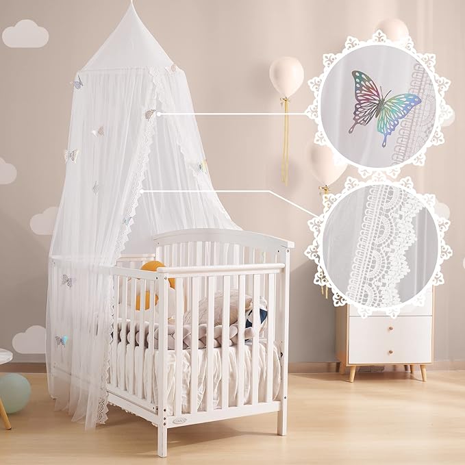 Kids Bed Canopy with Lace Hanging Canopy Net for Baby Crib Nook Castle Game Tent Nursery Play Room Decor (Butterfly)-CubbioJoy