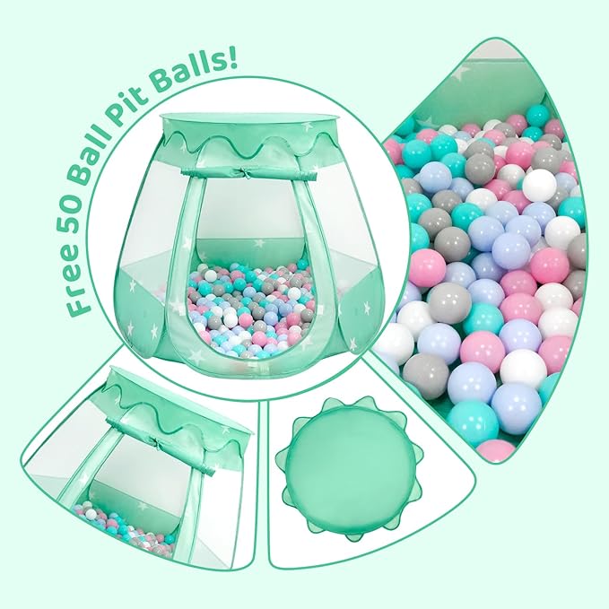 Baby Ball Pit for Toddler with 50 Balls, Pop Up Tent Kids with Star Lights for 1 2 3 Year Old Birthday Gift, 12-18 Months Baby Girl Toys with Carrying Bag, Indoor&Outdoor Play Tent for Kids(Green)-CubbioJoy