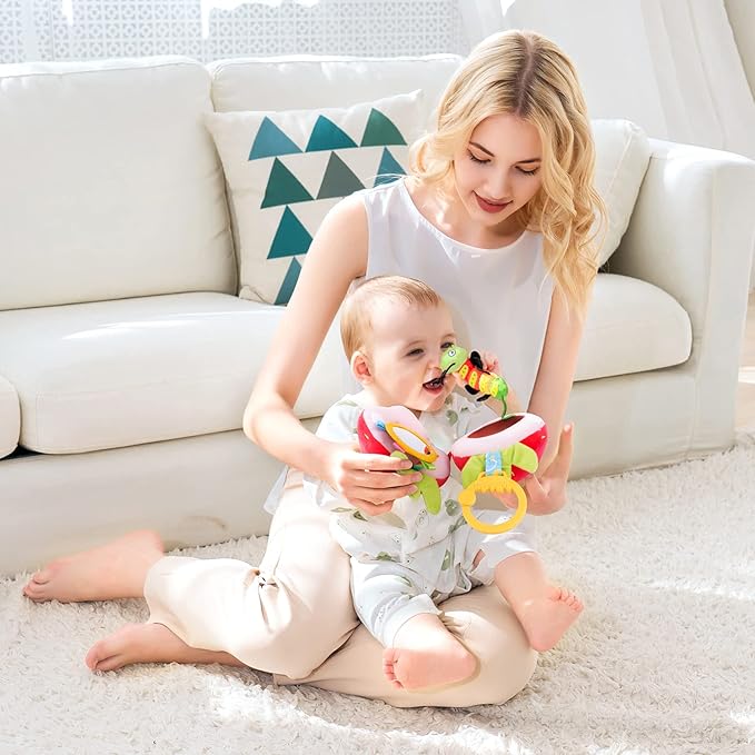 Jollybaby Newborn Plush Stuffed Fruit Rattle Toy for Stroller Car Seat Crib, Montessori Sensory Plush Strawberry Toy with Rattle and Mirro Toy for Baby 0-6-12 Month, Infant Baby Boy Girl Shower Gift-CubbioJoy