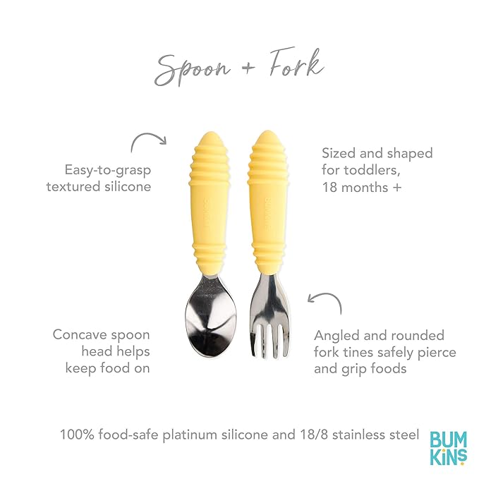 Bumkins Toddler Utensils, Kids Size Fork and Spoon Set, Silicone and Stainless-Steel Training Silverware, Angled Fork / Spork for Self-Feeding, Children Learning to Eat, 18 Mos Up, Pineapple Yellow-CubbioJoy