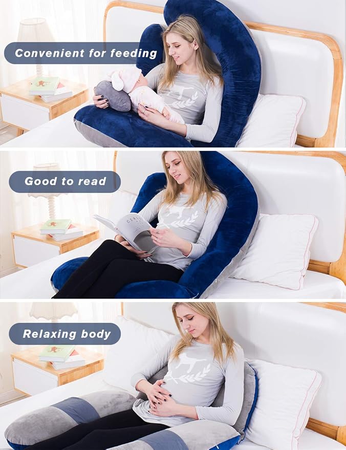 60in Full Body Pillow | Nursing, Maternity and Pregnancy Body Pillow | Awesling Extra Large U Shape Pillow and Lounger with Detachable Side, Separate Support Pillow and Removable Cover (Grey Blue)-CubbioJoy