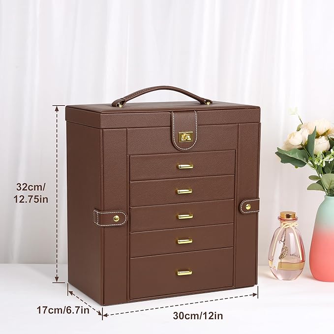 Kendal Extra Large Jewelry Box Jewelry Case PU Leather 6 Tier 5 Drawers Large Storage Capacity with Mirror Jewelry Storage Organizer Great Gift Also Good For Watches LJC-SHD5BN (Brown)-CubbioJoy