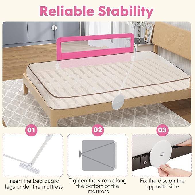 BABY JOY Bed Rails for Toddlers, 59'' Extra Long, Swing Down Bed Guard w/Safety Straps, Folding Baby Bedrail for Kids Twin, Double, Full Size Queen & King Mattress (Pink, 59-Inch)-CubbioJoy