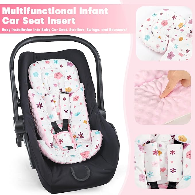 Infant Car Seat Insert with 3 Strap Covers, 3 in 1 Reversible Floral Baby Car Seat Head Support for Newborn, Baby Girl Newborn Essentials for Preemie to Infant, Stroller, Swing, Bouncer (Pink)-CubbioJoy
