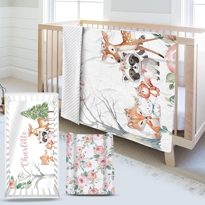 Custom Name Crib Bedding Set - Sika Deer & Fox Pattern, Personalized Nursery Bedding 3-Piece Set– Soft Blanket, Fitted Sheet, Changing Pad Cover – for Newborns Girls Nursery Gifts-CubbioJoy