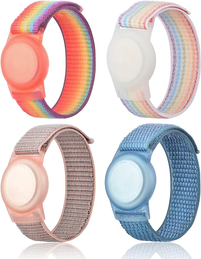 4 Pack Kids Wristband Compatible with Apple AirTag, Protective Case for Air Tag GPS Tracker Holder with Nylon Bracelet, Adjustable Anti Lost Watch Band for Toddler Child Elder (Rainbow & Blue & Pink)-CubbioJoy