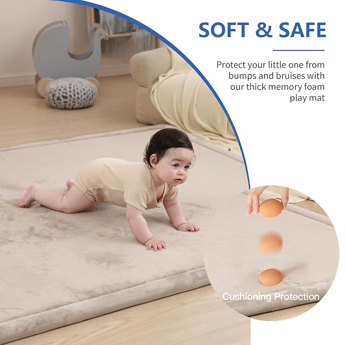 Baby Play Mat for Floor,1.3" Thick Memory foam Tummy Time Mat,Water Repellent Soft Coral Velvet Nursery Rug,Extra Large Non Slip for Crawling,Toddlers,Infants,kids,Tatami Style for Living Room(Beige)-CubbioJoy