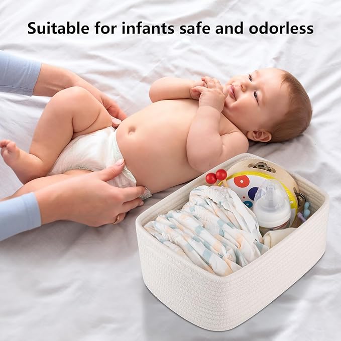 4 Pack Small Storage Shelf Baskets for Organizing, Mini Woven Rope Storage Bins for Towels, Cute Decorative Closet Organizer，Baby Nursery, Gift Empty Baskets -13''Lx8.66''Wx5.11''H-White-CubbioJoy