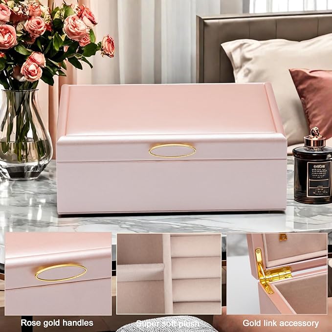 2-layer jewelry box，Jewelry Organizer with Handle，with hanging necklace hooks, detachable jewelry trays, suitable for storing a large amount of jewelry gift box (rose gold)-CubbioJoy
