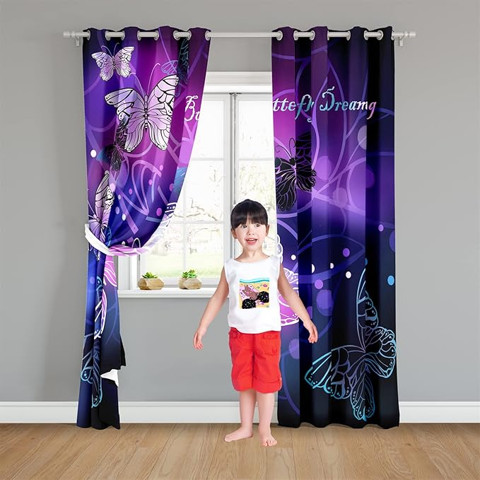 Butterfly Window Curtain Panels Purple Blackout Girls Curtains for Bedroom 2 Panels Curtains 84 inch Length for Girls Bedroom Nursery Room Grommet Top Thermal Insulated Curtains, 82" x 84"-CubbioJoy
