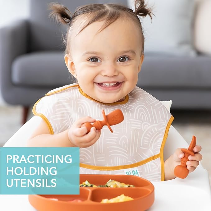 Bumkins Baby Utensils Set, Chewtensils Silicone Spoons for Dipping, Self-Feeding, Baby Led Weaning, Trainer Learning, First Stage Eating, Soft Practice Fork and Spoon, Babies 6 Months, Clay-CubbioJoy