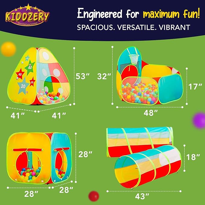 5pc Kids Play Tent for Toddlers with Ball Pit, Crawl Tunnel, Indoor & Outdoor Playhouse, Jungle Gym, Toys for Boys & Girls, Includes Dart Balls, Teepee & Basketball Hoops, (with 50 Balls)-CubbioJoy