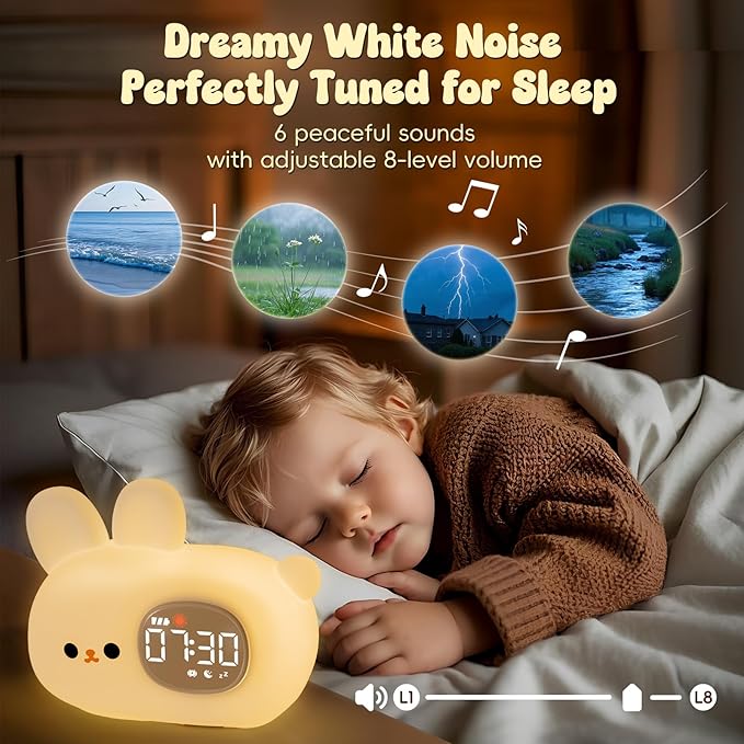 Bunny Alarm Clock with Night Light for Kids with Sleep Training and Sound Machine, Rechargeable Silicone Lamp OK to Wake Clock，Cute Animal Tabletop Lamp, Perfect Sleep Companion for Boys Girls-CubbioJoy
