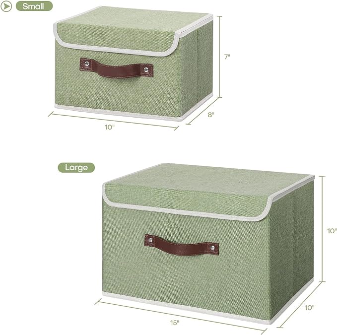 ANMINY 2PCS Storage Bins with Lid PU Leather Handles Storage Boxes PP Plastic Board Decorative Foldable Lidded Cotton Linen Fabric Home Cubes Baskets Closet Organizer Containers - Green, Small Size-CubbioJoy