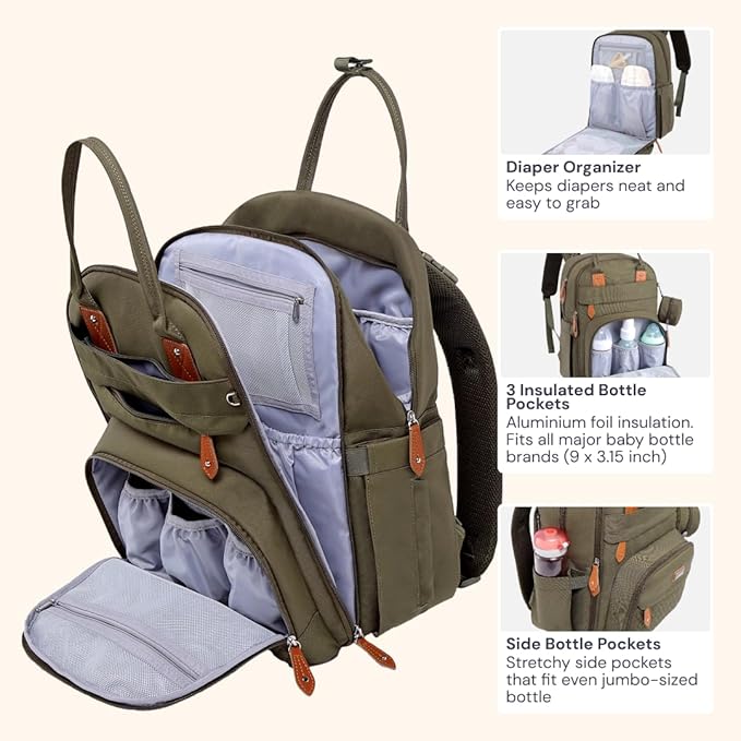 BabbleRoo Diaper Bag Backpack - Baby Essentials Travel Tote - Multi Function Waterproof Diaper Bag, Travel Essentials Baby Bag with Changing Pad, Stroller Straps & Pacifier Case - Unisex, Army Green-CubbioJoy