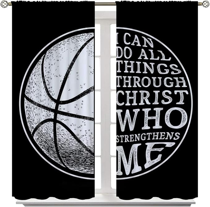 Basketball Blackout Curtains for Boy Girl Room Darkening Decor,Sport Theme and White Motto Dark Background Bedroom Living Room Home Rod Pocket Thermal Insulated Window Curtain/Drapes Panel,42x63 Inch…-CubbioJoy