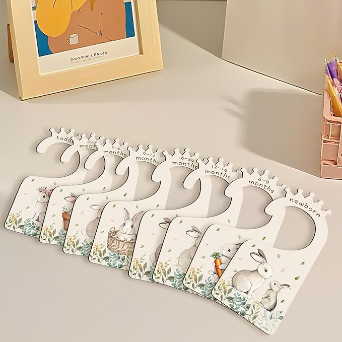 Baby Clothes Dividers for Closet - Set of 8 Wooden Baby Size Closet Dividers Newborn to 24 Months, Rabbits Babies Clothes Organizer for Boys Girl Nursery Decor Gender-Neutral Newborn Hangers Dividers-CubbioJoy