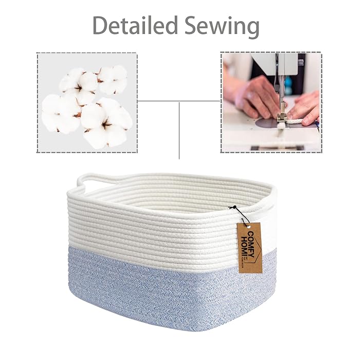 COMFY-HOMI Cotton Rope Woven Basket with Handles for shelf，Toy, Book, Cloth Storage Basket for Organizing-13.5"X11"X9.5" Storage Bin for Living Room, Newborn or Infant Gift for boy girl （White/blue）-CubbioJoy