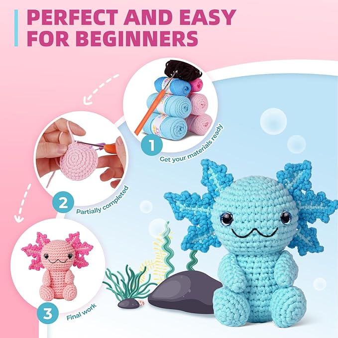 Crochet Kit for Beginners, Crochet Animal Kits,Crocheting Kit for Starters with Step-by-Step Video Tutorials, Beginner Crochet Kits for Adults (2Pack Axolotl)-CubbioJoy
