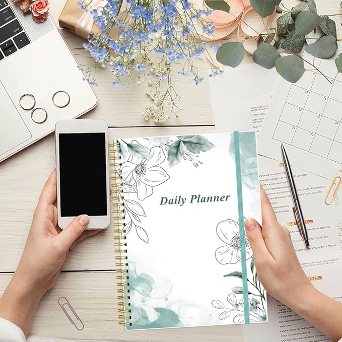 Daily Planner Undated - B5 To Do List Notebook Hourly Schedules, Spiral Appointment Planner for Women and Men, PVC Hardcover, Inner Pocket, Elastic Closure, 7" x 10", Teal Flowers-CubbioJoy