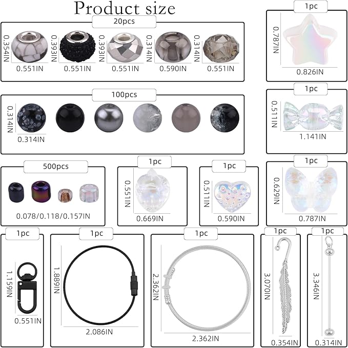 630pcs Beads for Bracelets Making Kit, European Large Hole Beads for Pens, 8mm Round Glass Beads with Charms Spacer Beads for DIY Bracelet Necklace Earring Jewelry Making (Black)-CubbioJoy