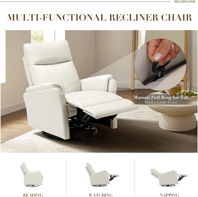 COLAMY Faux Leather Swivel Recliner Chair with Footrest, High Back with Double-Layer Cushion, Glider Recliner for Nursery & Living Room, Bedroom, Beige-CubbioJoy