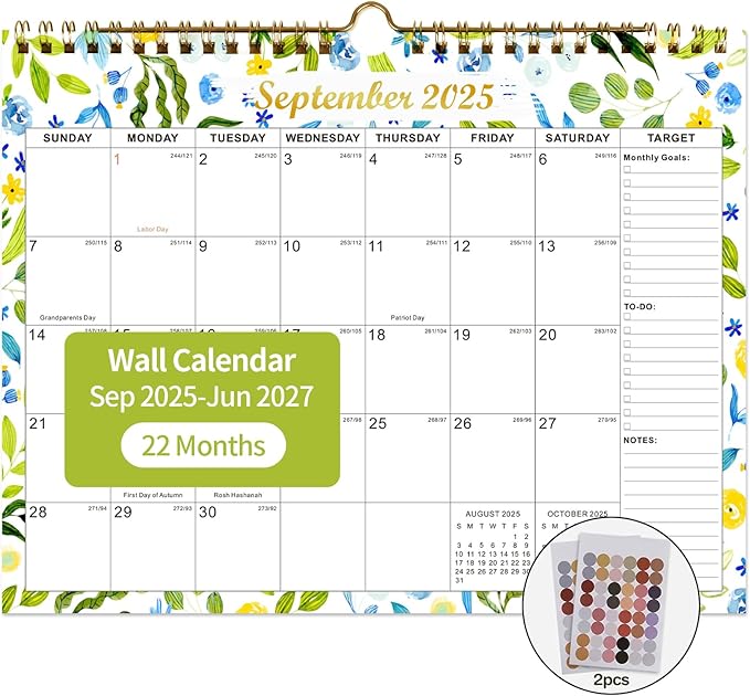 Calendar 2025-2027 22 Monthly Wall Calendar Runs from September 2025 until June 2027 Spiral Binding Hanging 11.5" x 14.7" Thick Paper with Julian Dates and Block for School Office（Flower）-CubbioJoy