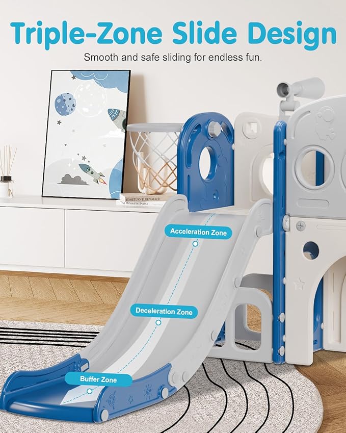 Babytronic Toddler Slide Set, 8 in 1 Kids Slide, Indoor Outdoor Slide for Toddlers Age 1-3, Toddler Playset with Basketball Hoop and Tunnel, Toddler Indoor Outdoor Playground, Blue&Grey-CubbioJoy