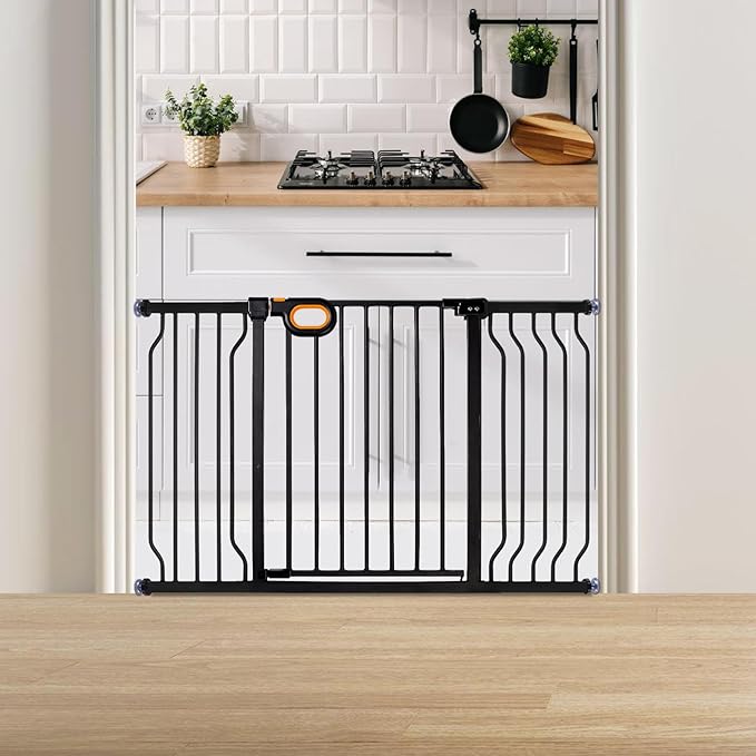 Baby Gate for Stairs 29-52 Inch Wide, Safety Gate for Baby Adjustable Pet Gate with Door Pressure Mounted Gates for Kids Toddler Dogs Extension Kit Indoor Stairway Doorway Black (30.5'' Tall)-CubbioJoy
