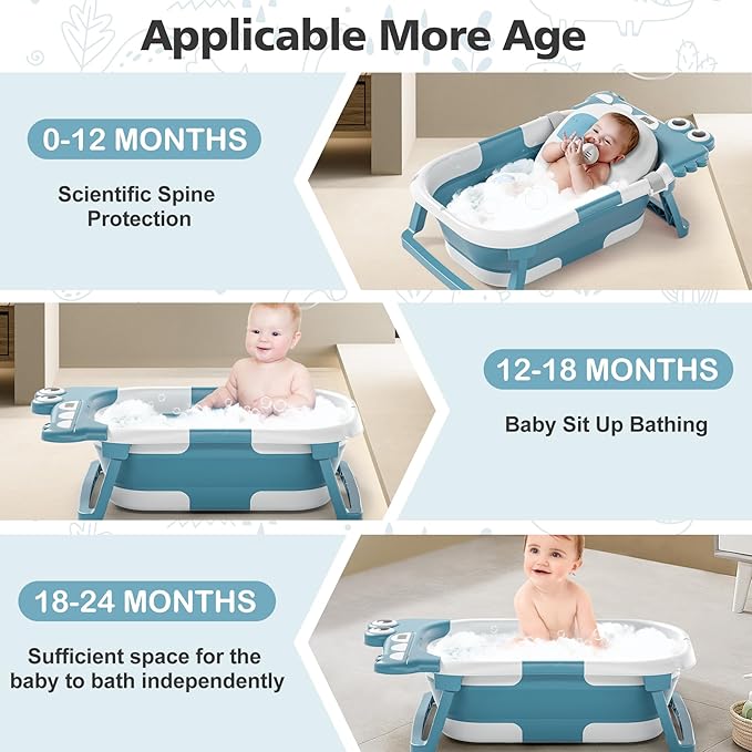 Collapsible Baby Bathtub for Newborn, Foldable Baby Bath Tub with Thermometer & Soft Floating Cushion & Drain Hole, Portable Travel Infant Bath Tubs for Newborns to Toddler 0-36 Months Girl, Blue-CubbioJoy