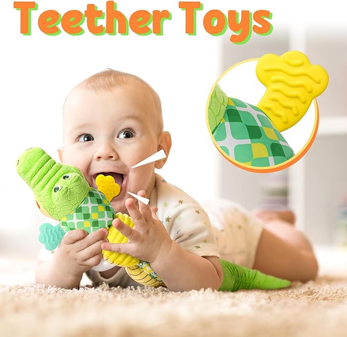 LIGHTDESIRE Baby Crocodile Musical Stuffed Animal, Infant Teething Toys with Ruler Design and Ring Bell, Suitable for Tummy Time, Newborn Boys & Girls 0-12 Months (Green)-CubbioJoy
