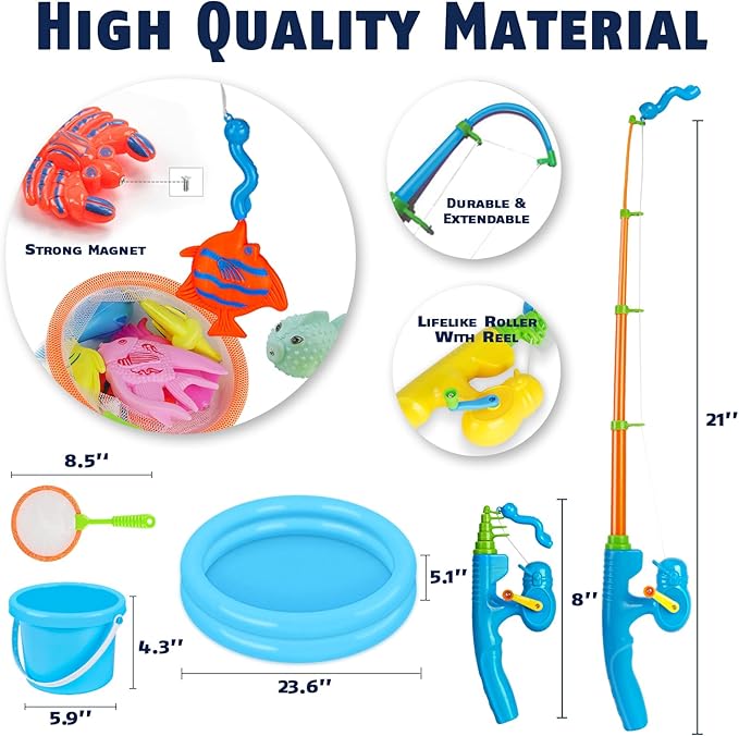 CozyBomB™ Magnetic Fishing Toys Game Set for Kids | Water Table Bathtub Kiddie Pool Party & Pole Rod Net, Plastic Floating Fish Toddler Color Ocean Sea Animals Birthday Age 3 4 5 6 Year-CubbioJoy