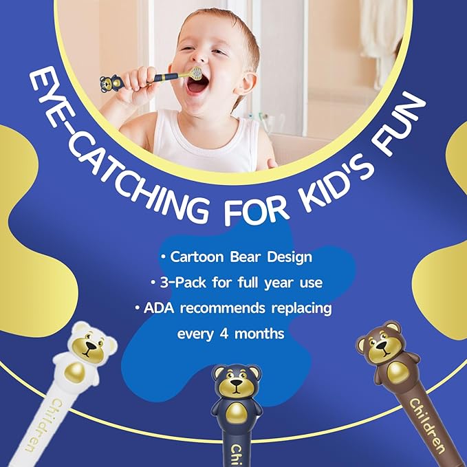 3 Sided Toothbrush for Kids, Japanese Design Triple-Angle Toothhugger, Cartoon Bear Design for Autism Toddlers, Kids Toothbrush for Aged 3-12, Soft Bristles for Gentle Gum Care (3Pack)-CubbioJoy