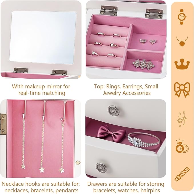 Jewelry Box,White Wooden Jewelry Box With Top Mirror, Jewelry Organizer Wooden Is Suitable For Storing Rings,Bracelets,Necklaces Etc-CubbioJoy