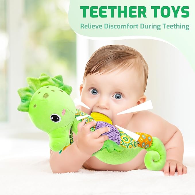 Sumobaby Infant Baby Musical Stuffed Animal Activity Soft Toys with Multi-Sensory Crinkle, Rattle and Textures, for Tummy Time Newborn 0-3-6-12 Months Boys, Girls, Seahorses, Green-CubbioJoy