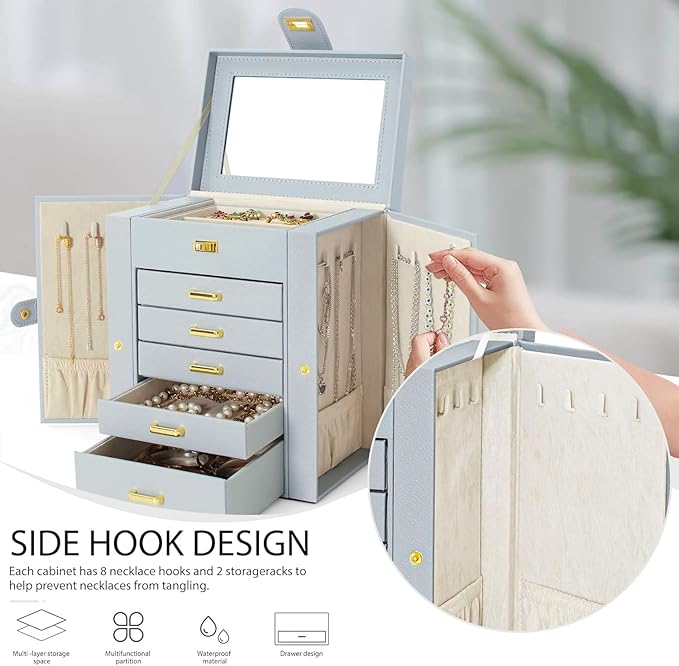 AKOZLIN Functional 6-Tier Jewelry Box Organizer with 5 Drawers Leather Jewelry Storage Case for Women Girls Ring Necklace Earring Bracelet Holder Organizer with Mirror Grey-CubbioJoy