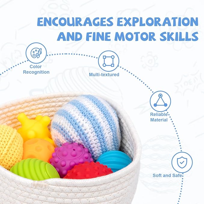 Adena Montessori 8 Pack Sensory Balls for Toddlers 1-3,Sensory Baby Toys 6-12 Months,Infant Educational Squeeze Sensory Toy Soft Multi Ball Set Gifts with Bright Color Textured with White Woven Basket-CubbioJoy