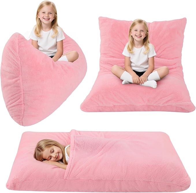 COMAX 3-in-1 Bean Bag Chair for Kids, Toddler Beanbag Bed, Convertible Child Floor Lounger, Floor Mattress with Filler for Girl Boy Sleeping Reading, Pink-CubbioJoy