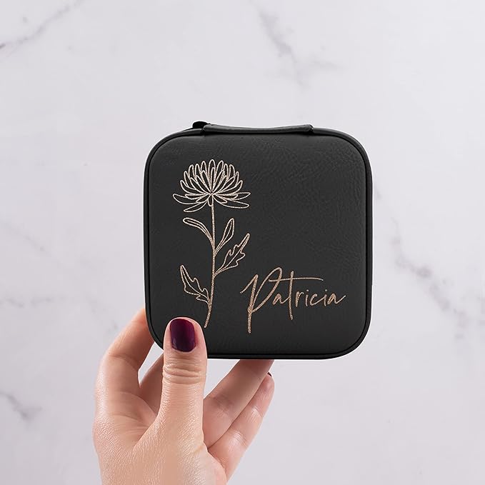 Custom Leather Jewelry Box w/Name & Birth Flower Month - Birthday Gifts for Women, Personalized Jewelry Travel Case - Customized Jewelry Organizer Box, Mom Birthday Gifts - Black-CubbioJoy