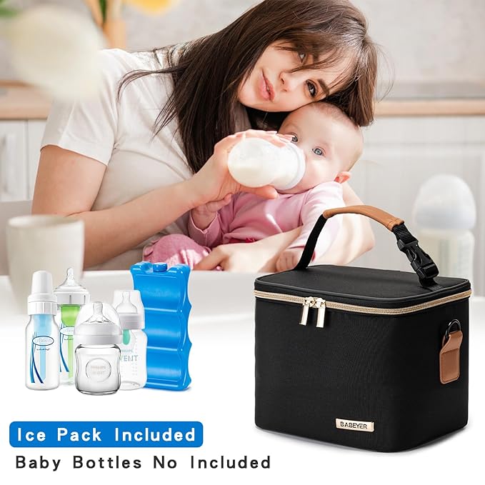 Breastmilk Cooler Bag with Ice Pack Fits 6 Baby Bottles Up to 5 Ounce, Baby Bottle Bag with Shoulder Strap for Nursing Mom Daycare-Black-CubbioJoy