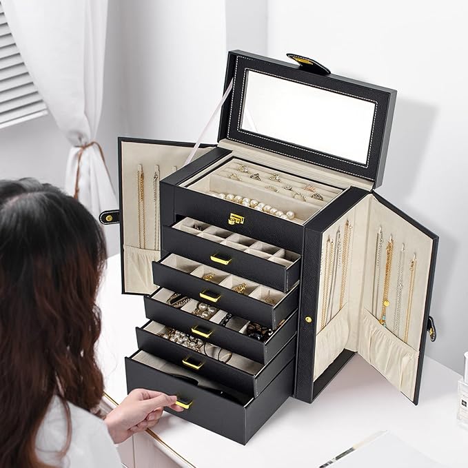 AKOZLIN Huge Jewelry Box Organizer Functional Lockable, Large Leather Jewelry Storage Case for Women Girls Ring Necklace Earring Bracelet Holder Organizer with Mirror-CubbioJoy
