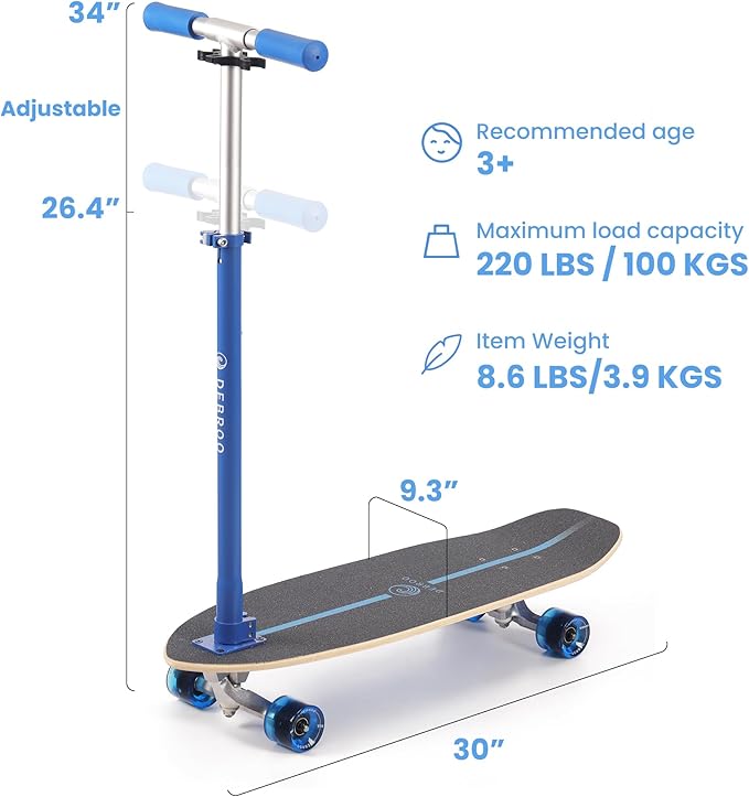 2-in-1 Kids Skateboard & Lean-to-Steer Scooter with Detachable Handlebar, LED Light-Up Wheels, Adjustable Height – Beginner Surf Skateboard for Ages 3+-CubbioJoy