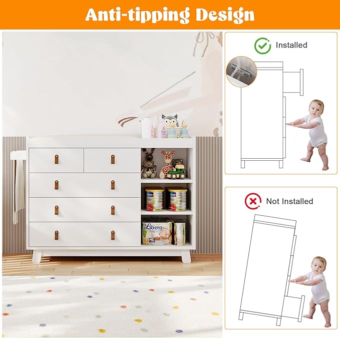 Baby Dresser with Changing Table Top, Baby Changing Table Dresser with 5 Drawers and Adjustable Shelves, Multi-Functional Diaper Changing Station, Nursery Organizer for Kids Bedroom, White-CubbioJoy
