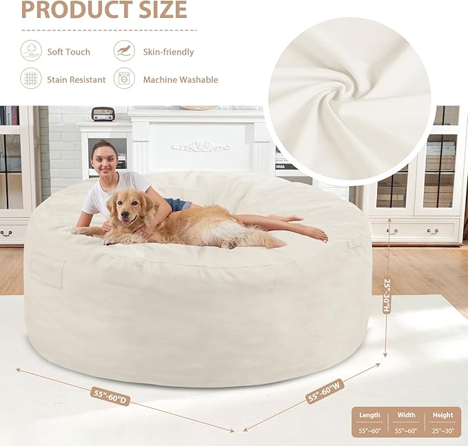 6FT Bean Bag Chair, Large Bean Bag Chairs with Memory Foam Filled, Fluffy Beanbag Sofa with Dutch Velvet Cover, Round BeanBag Chairs for Living Room, Playroom- Beige-CubbioJoy