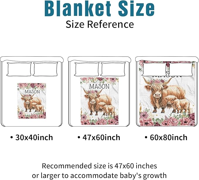 Custom Name Crib Bedding Set - Flower Highland Cow Pattern, Personalized Nursery Bedding 3-Piece Set– Soft Blanket, Fitted Sheet, Changing Pad Cover – for Newborns Girls Nursery Gifts-CubbioJoy
